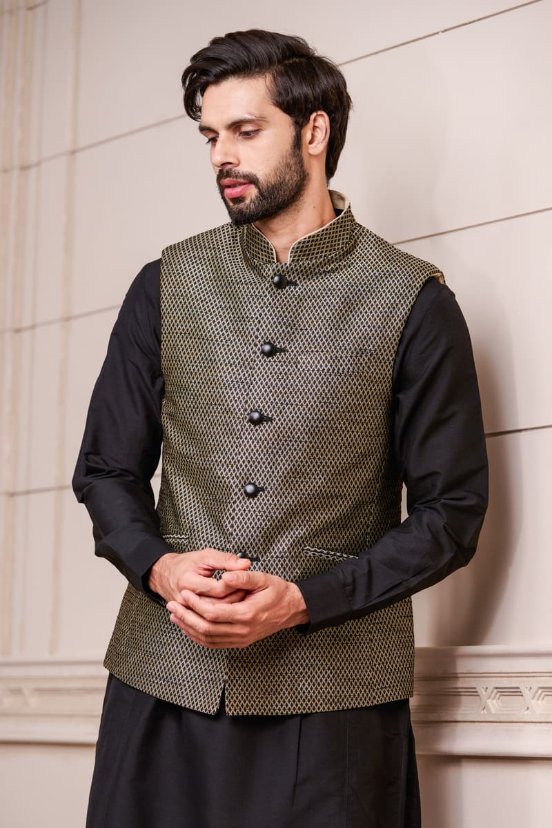 Black Brocade Kurta Bundi Set