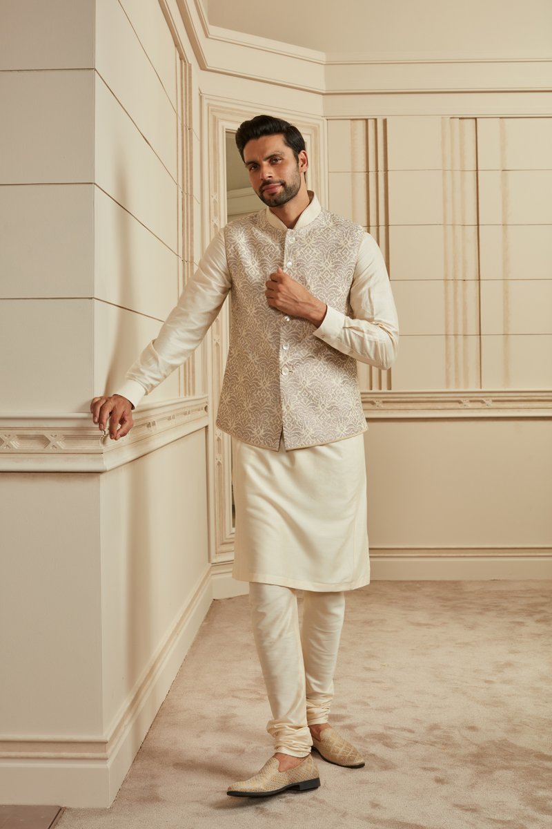 Silver Raw Silk  Stitch Embroidered Kurta Bundi Set