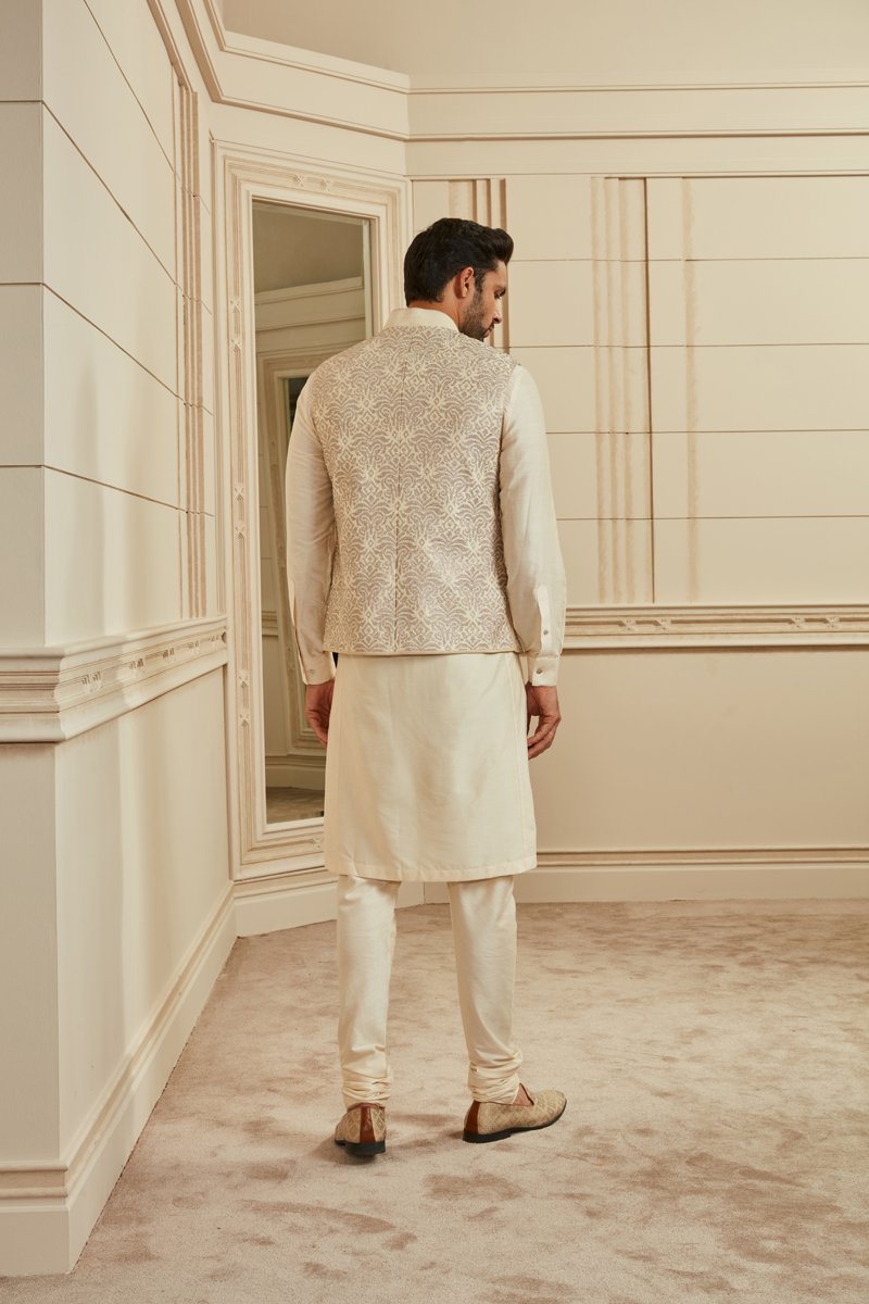 Silver Raw Silk  Stitch Embroidered Kurta Bundi Set