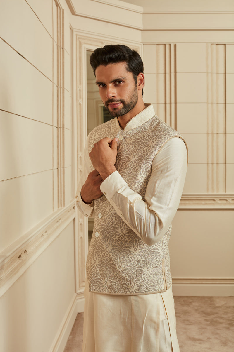 Silver Raw Silk  Stitch Embroidered Kurta Bundi Set