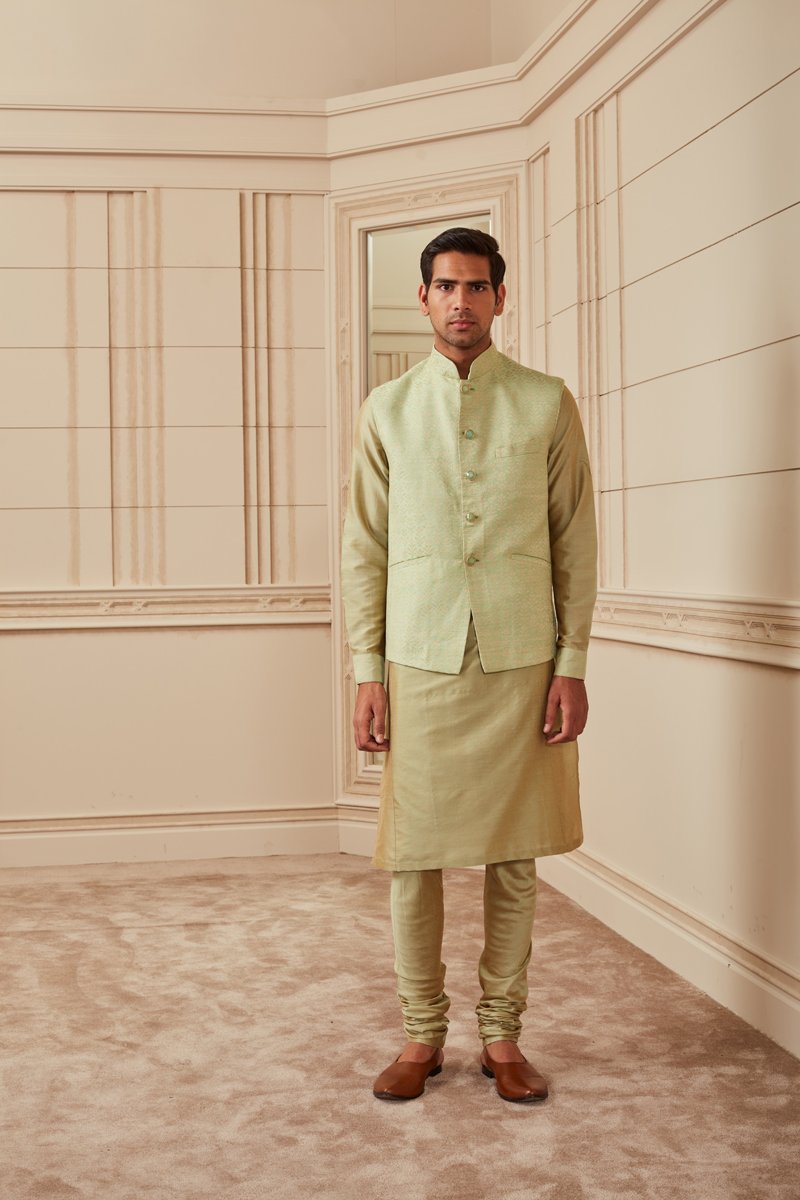 Light Green Jacquard Kurta Bundi Set