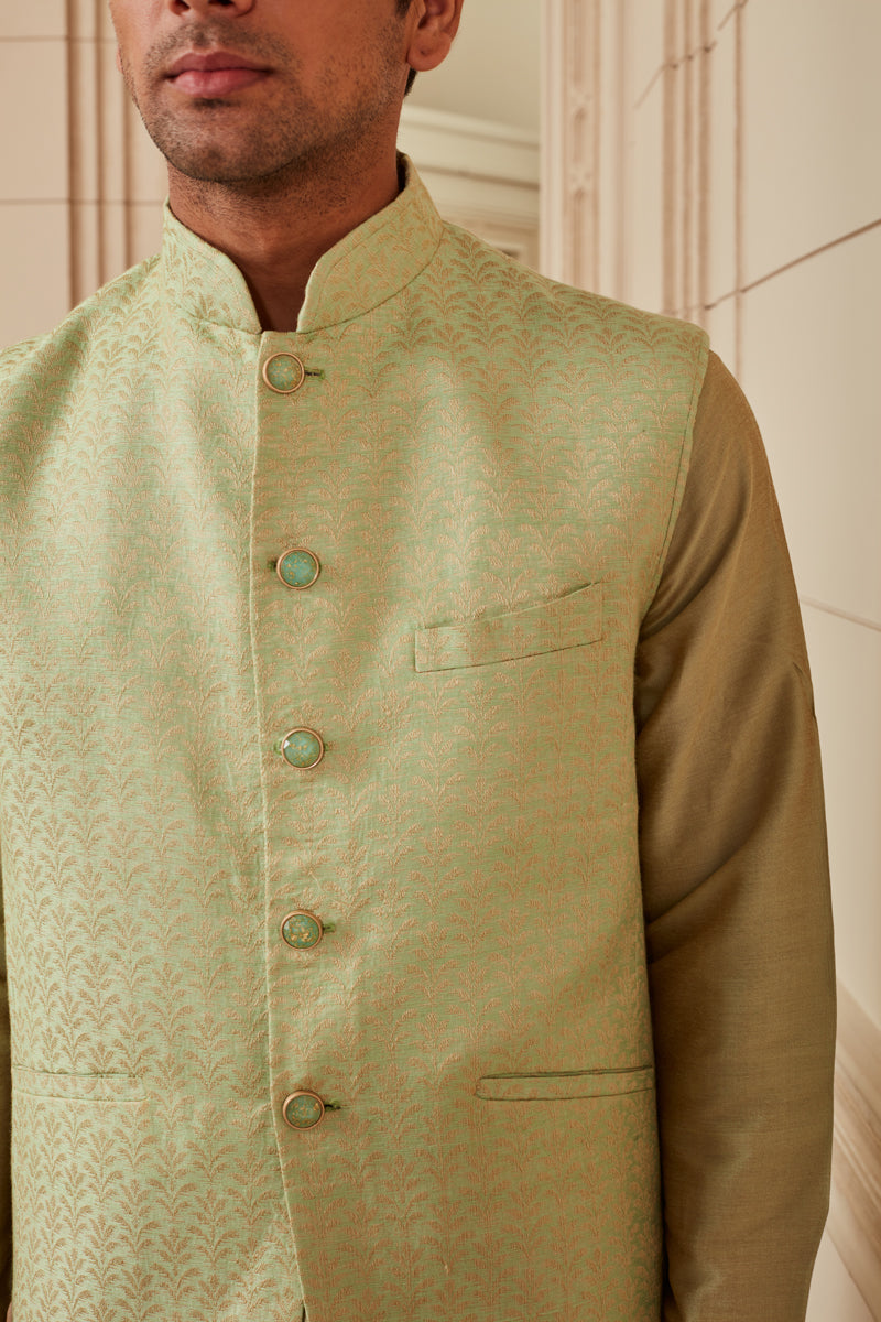 Light Green Jacquard Kurta Bundi Set