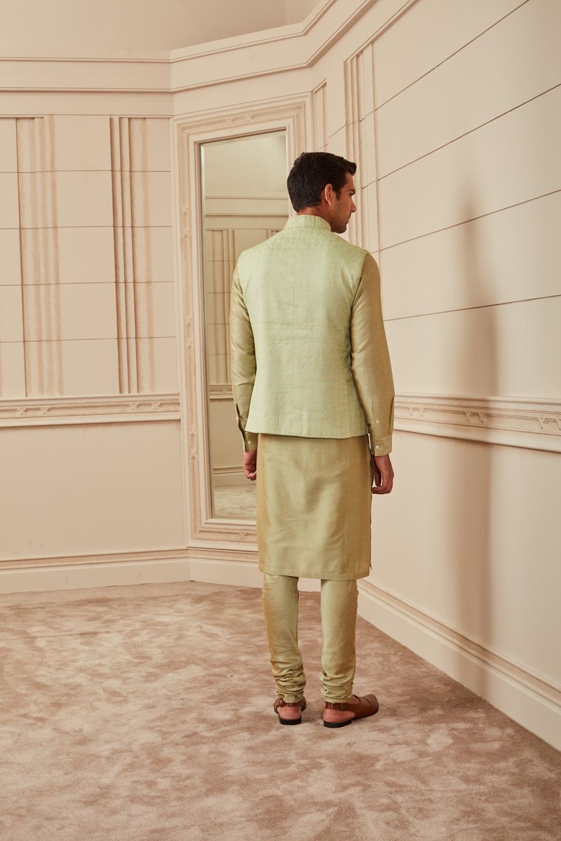 Light Green Jacquard Kurta Bundi Set