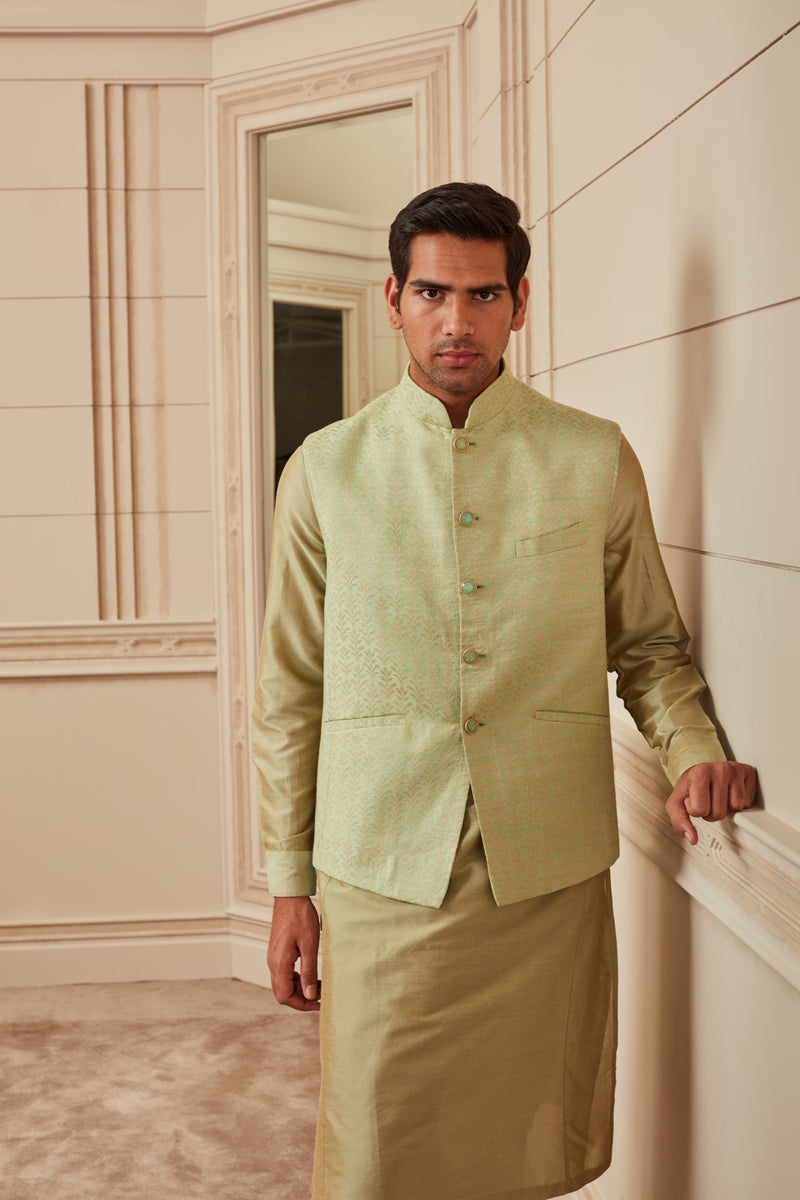 Light Green Jacquard Kurta Bundi Set