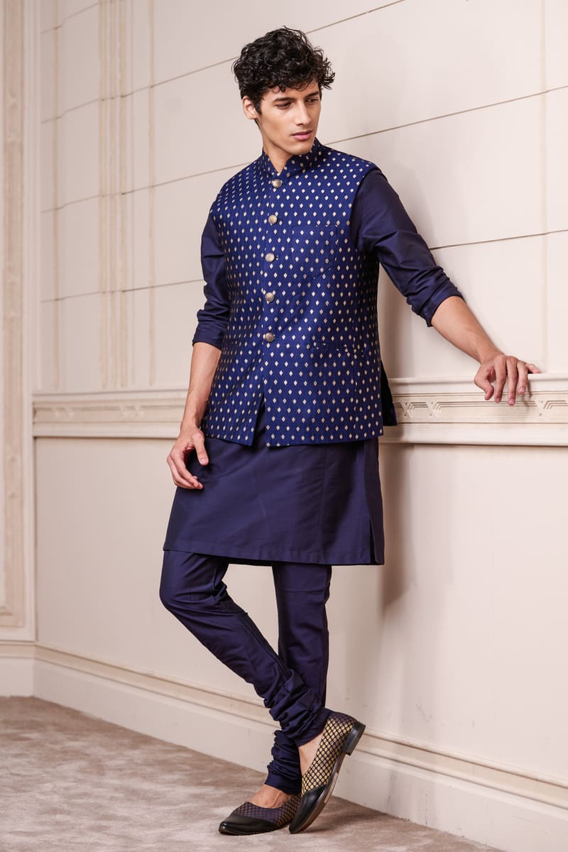 Navy Brocade Kurta Bundi Set