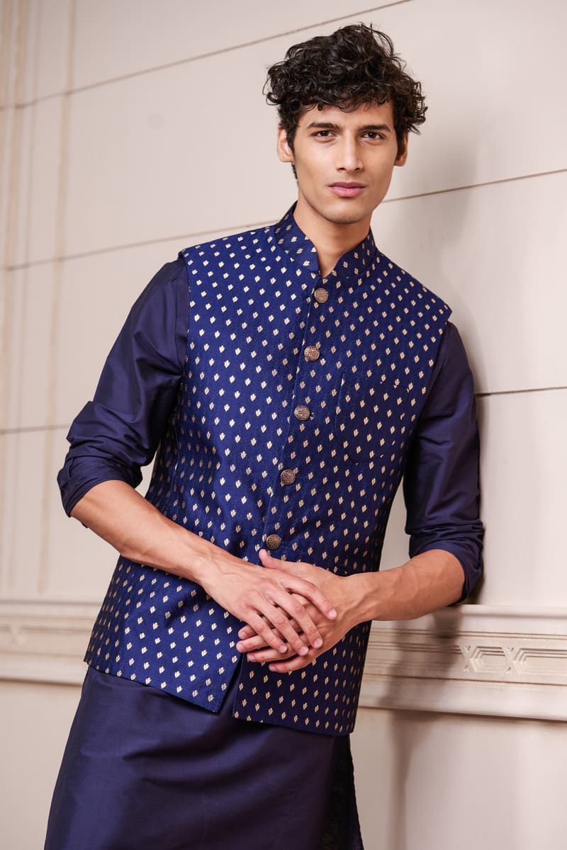 Navy Brocade Kurta Bundi Set