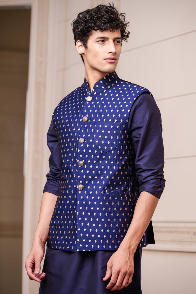 Navy Brocade Kurta Bundi Set