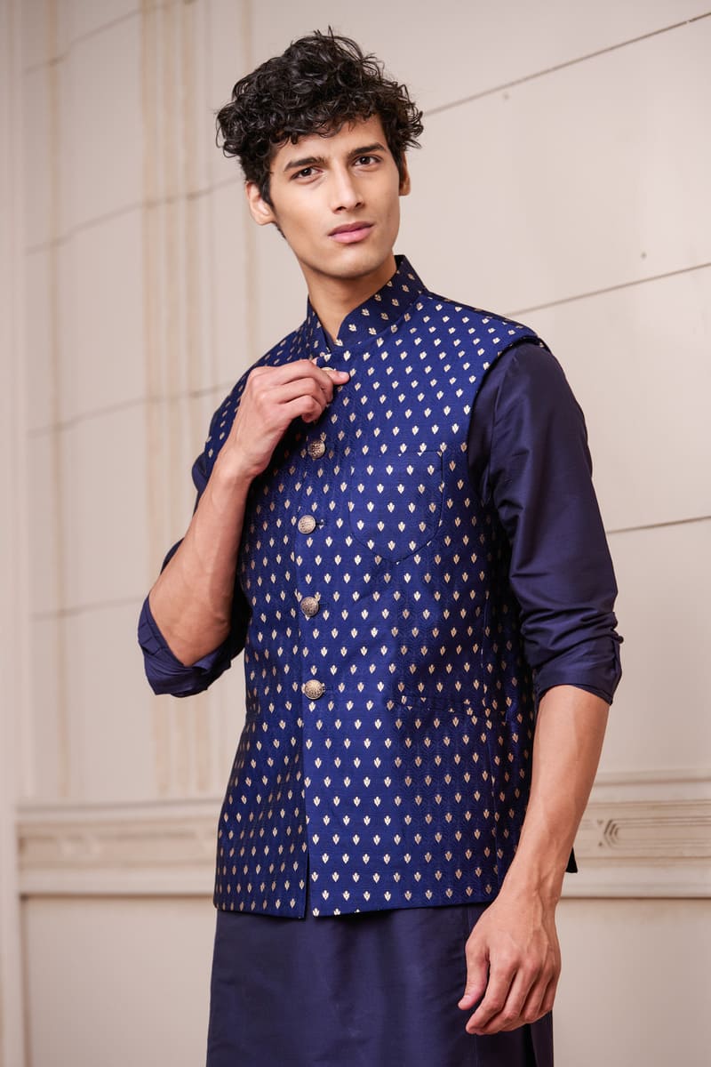 Navy Brocade Kurta Bundi Set