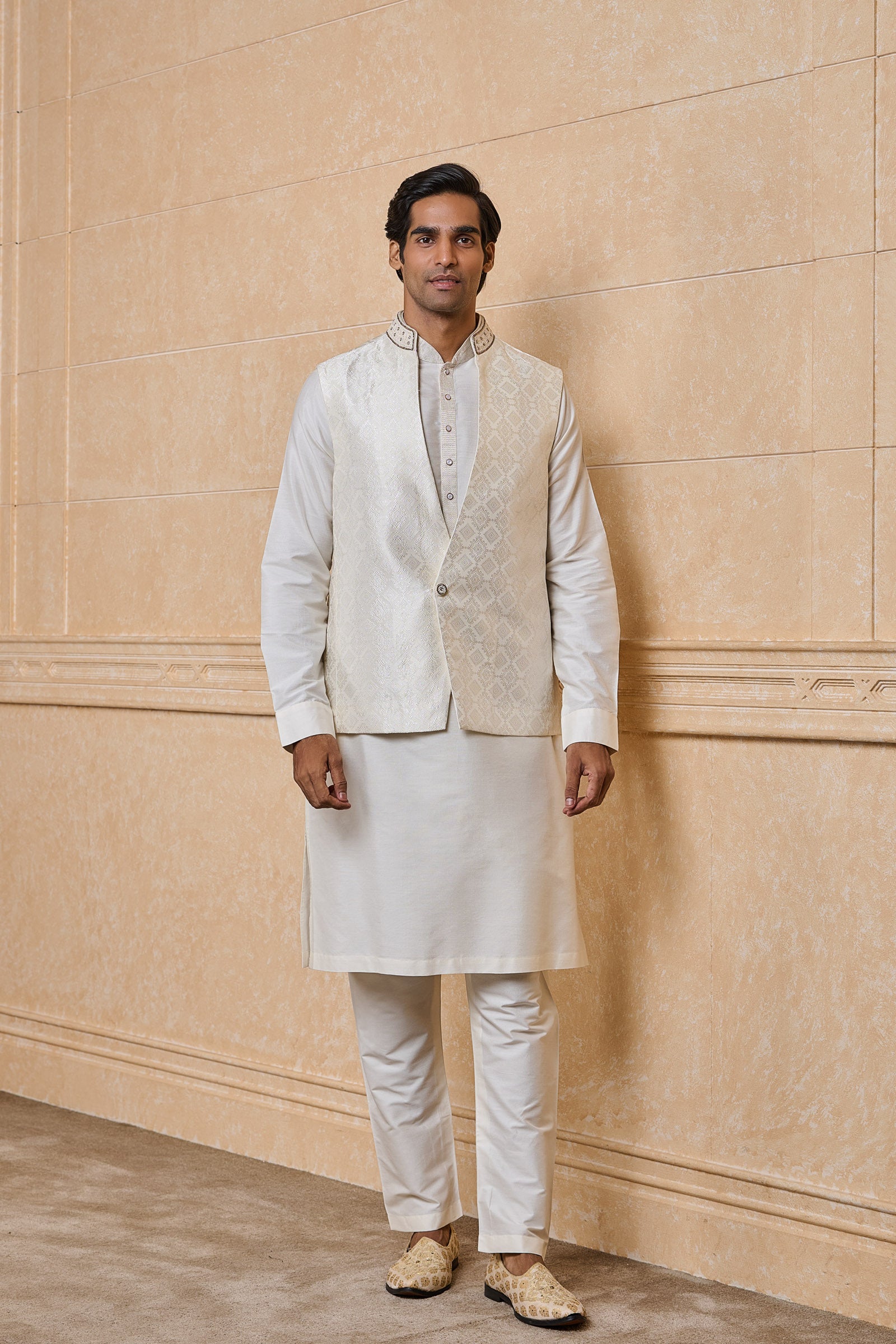 Cream Stylised Brocade Kurta Bundi Set