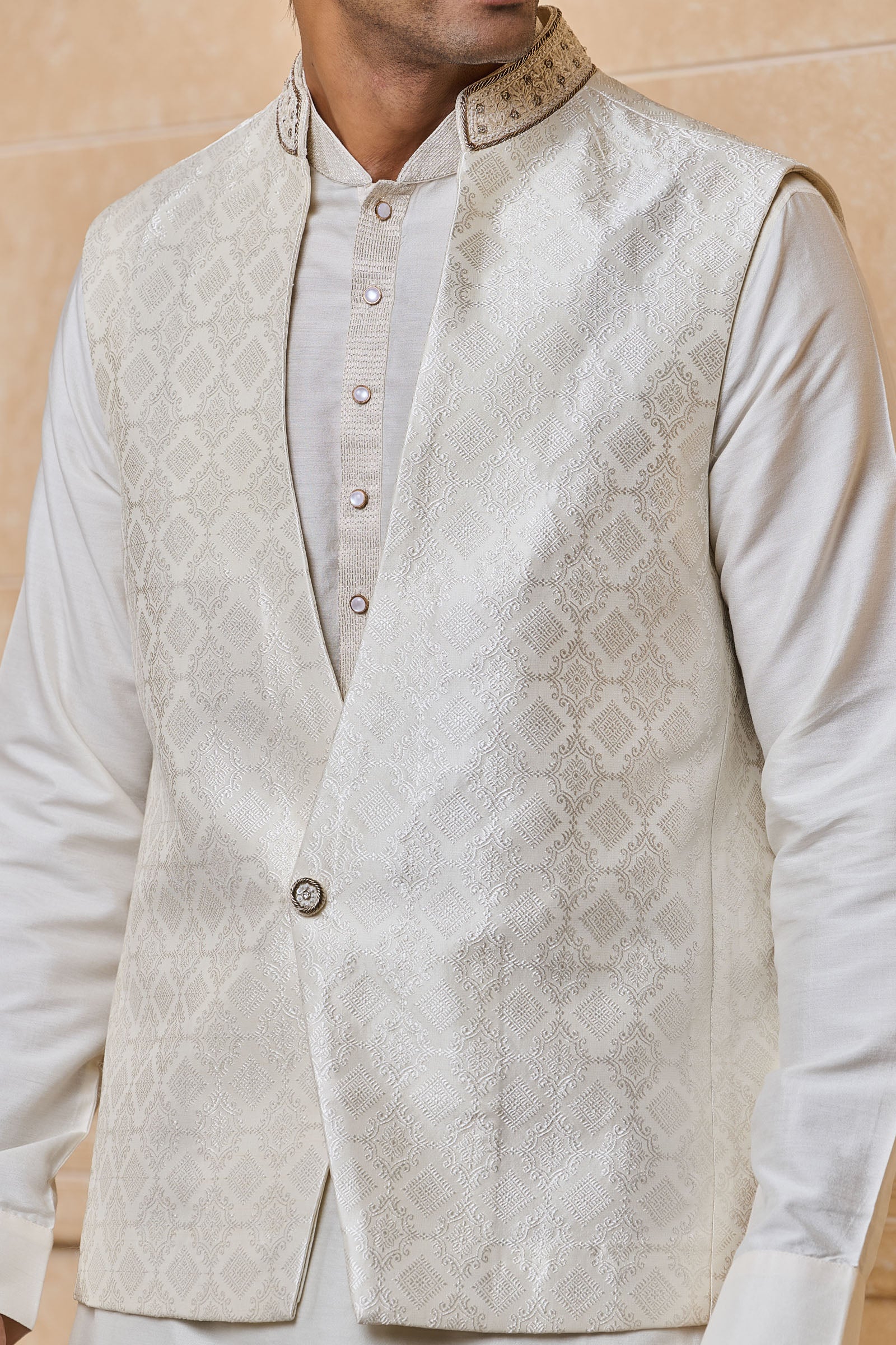 Cream Stylised Brocade Kurta Bundi Set