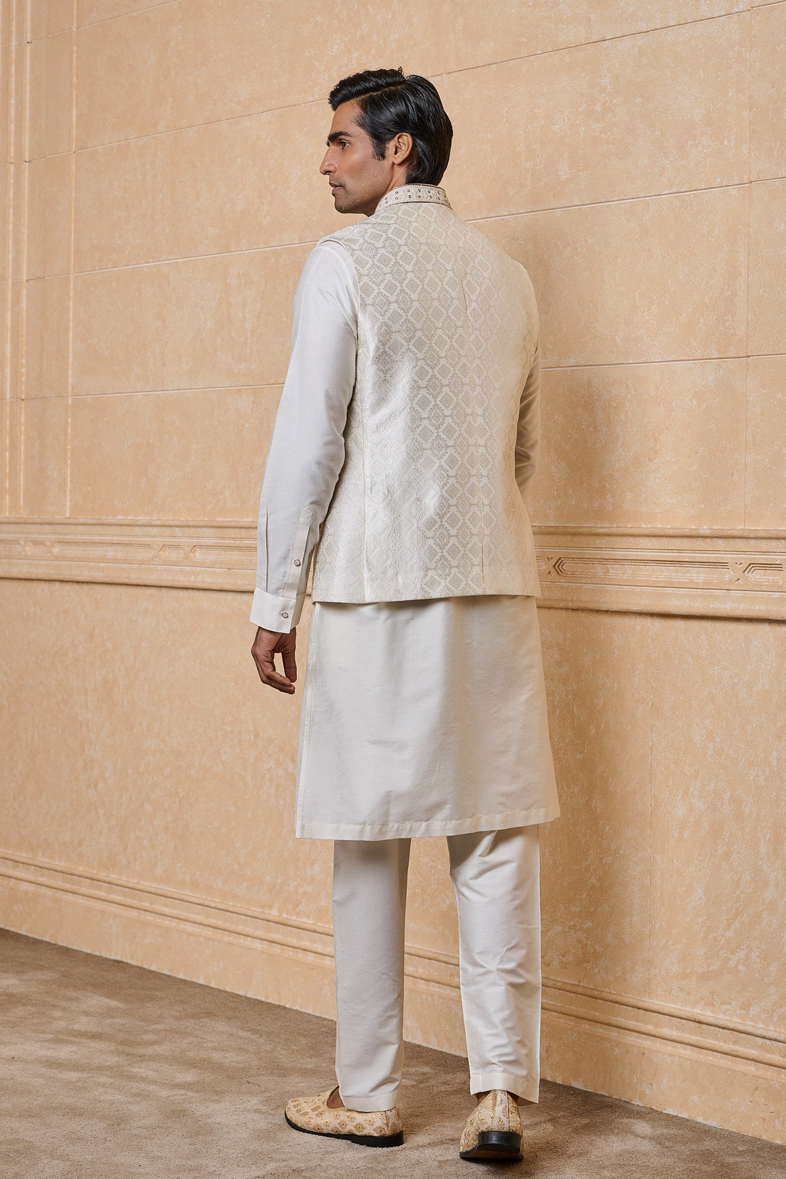 Cream Stylised Brocade Kurta Bundi Set