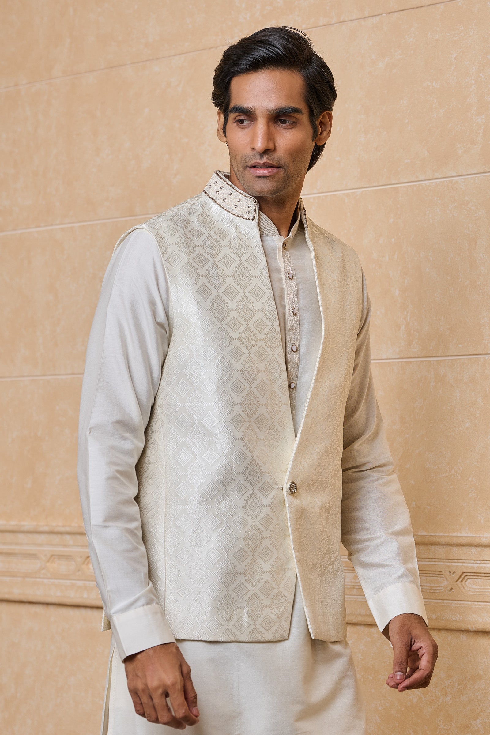 Cream Stylised Brocade Kurta Bundi Set