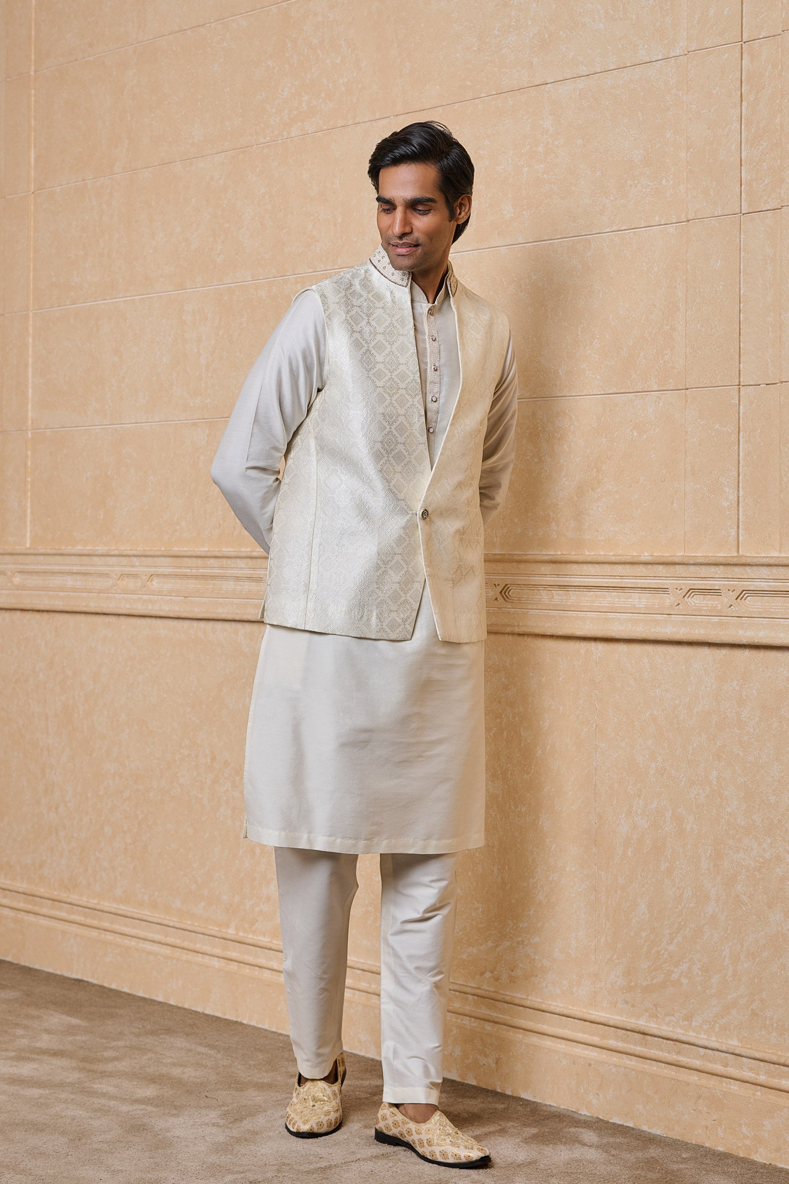 Cream Stylised Brocade Kurta Bundi Set