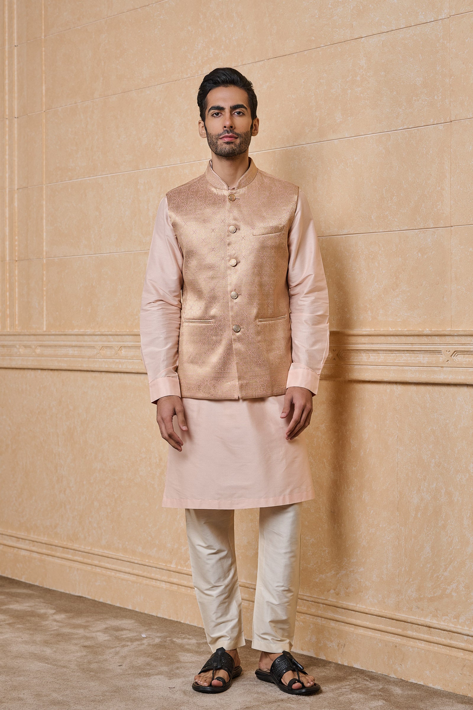 Peach Jacquard Kurta Bundi Set