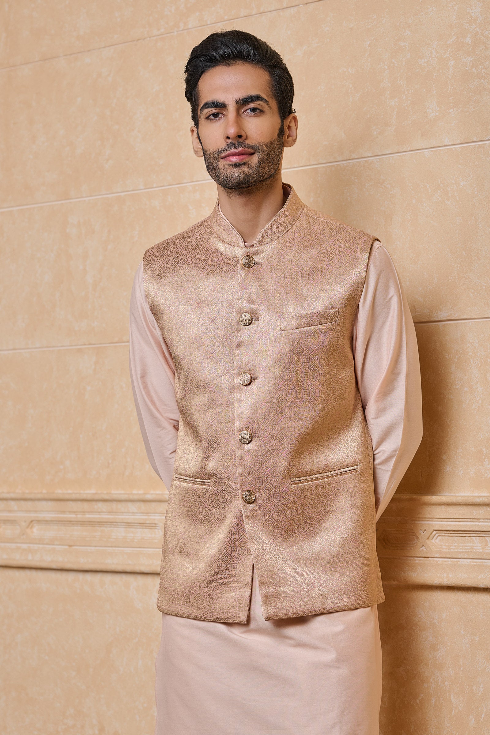 Peach Jacquard Kurta Bundi Set