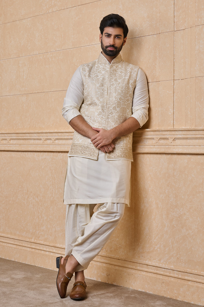 Gold All Over Embroidered Kurta Bundi Set