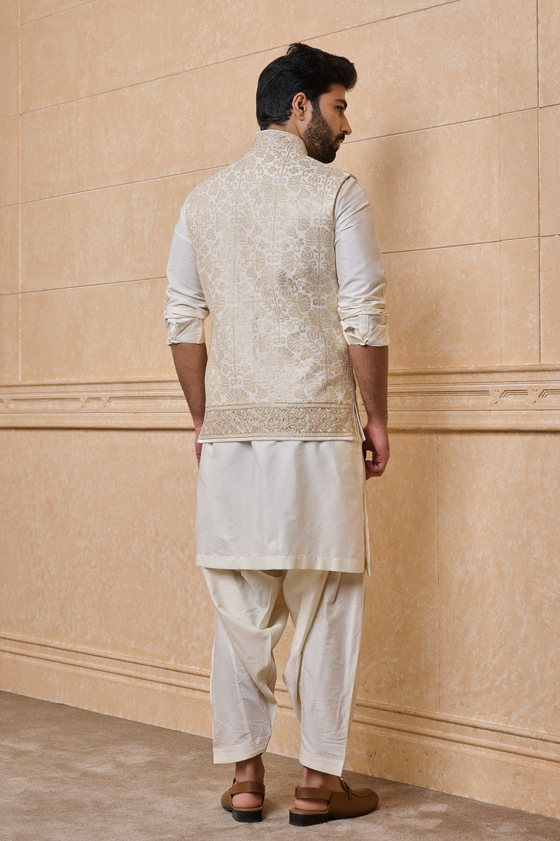 Gold All Over Embroidered Kurta Bundi Set