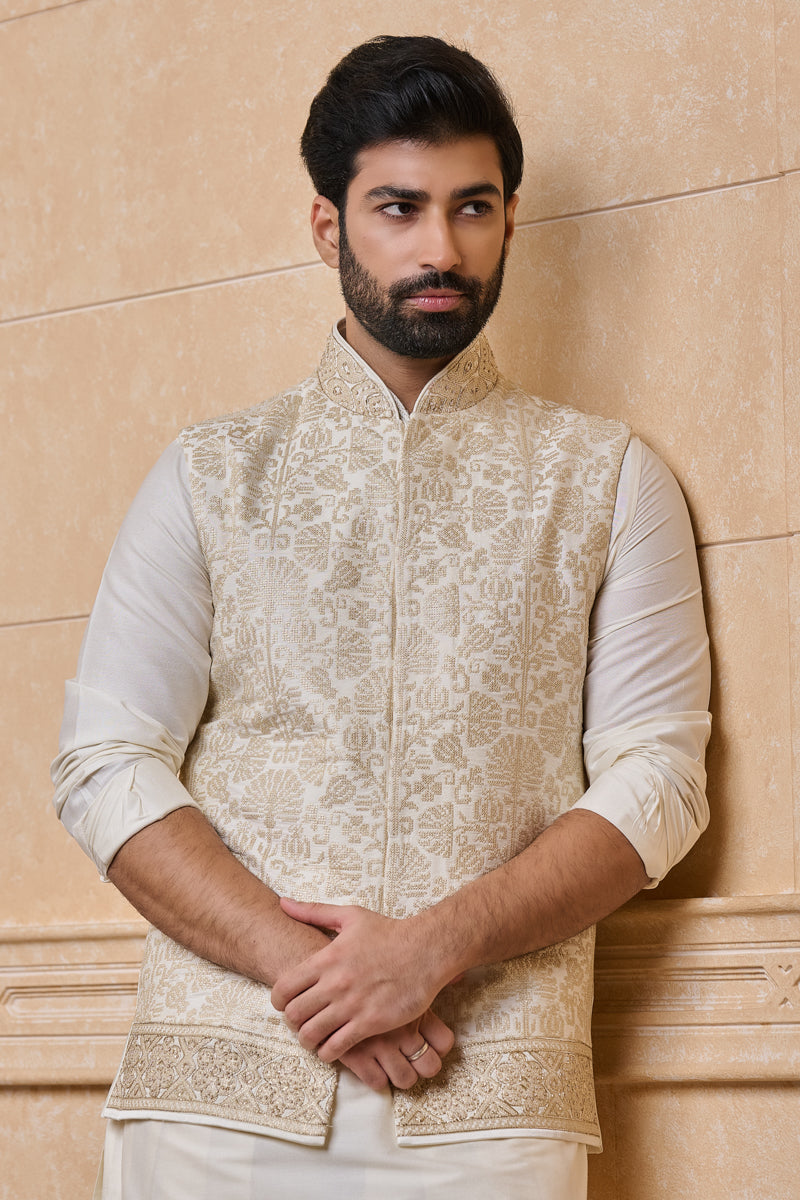 Gold All Over Embroidered Kurta Bundi Set