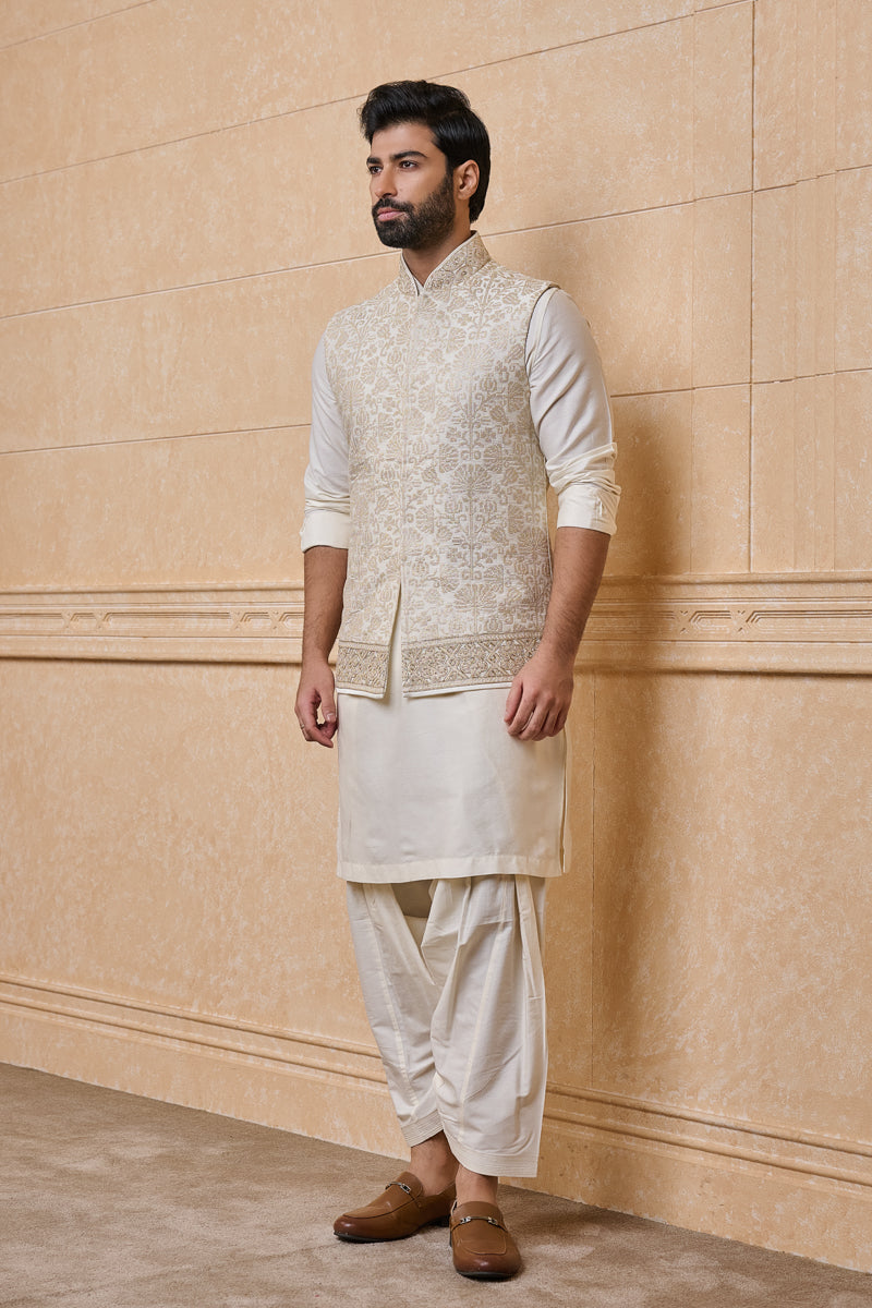 Gold All Over Embroidered Kurta Bundi Set