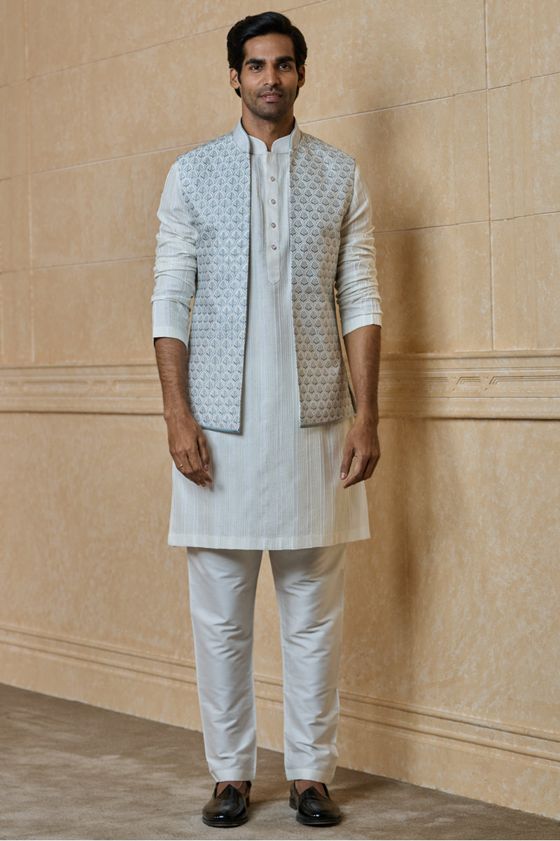 Light Blue All Over Embroidered Kurta Bundi Set