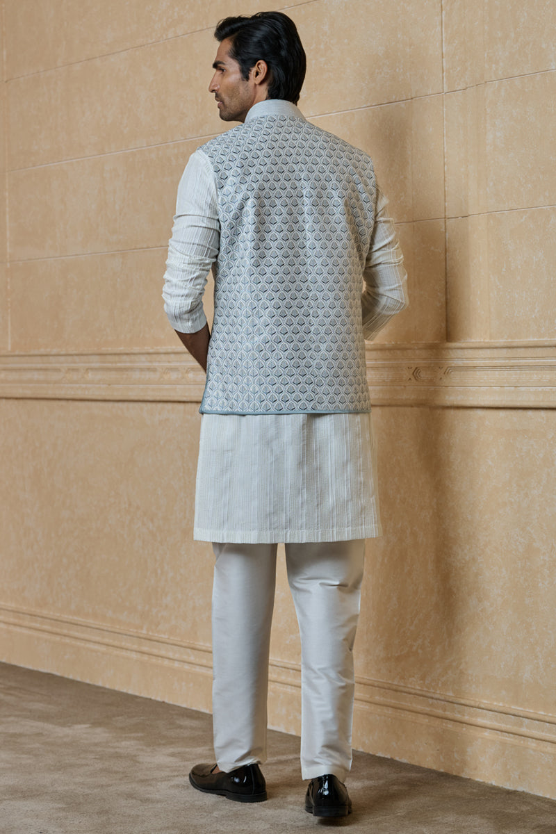 Light Blue All Over Embroidered Kurta Bundi Set