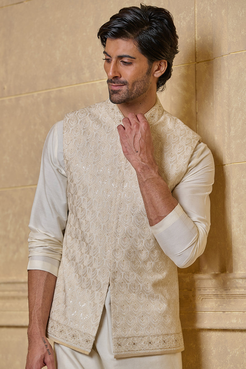 Ivory All Over Embroidered Kurta Bundi Set