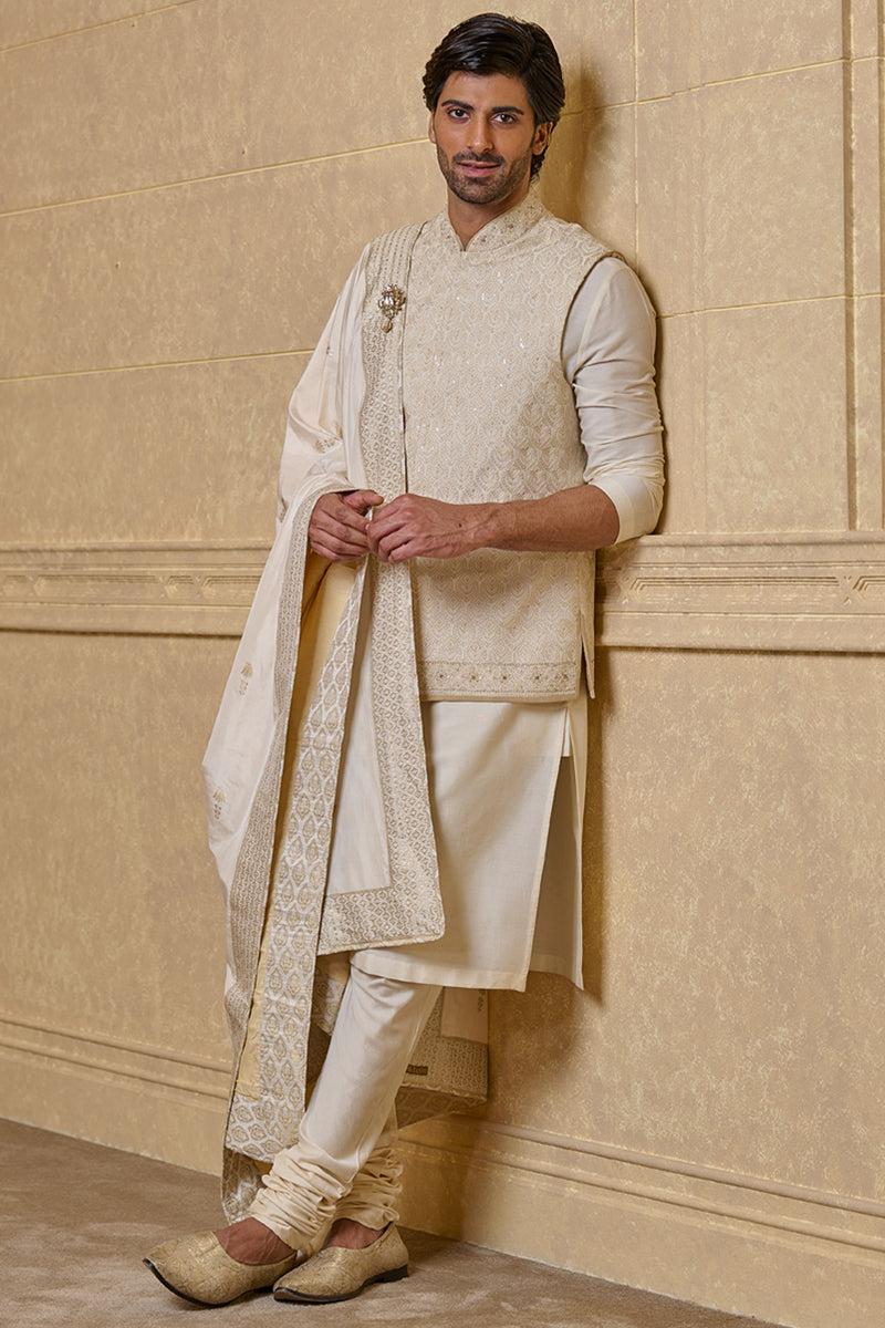 Ivory All Over Embroidered Kurta Bundi Set