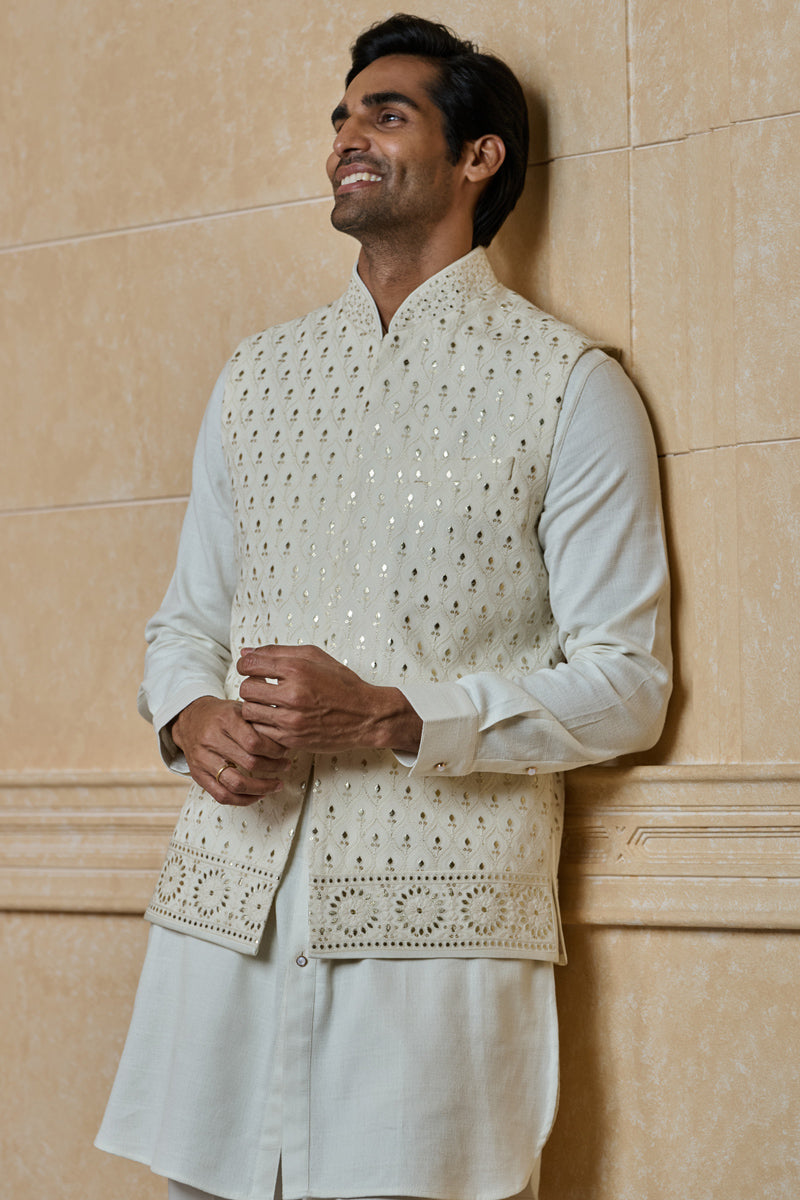 Ivory All Over Embroidered Kurta Bundi Set