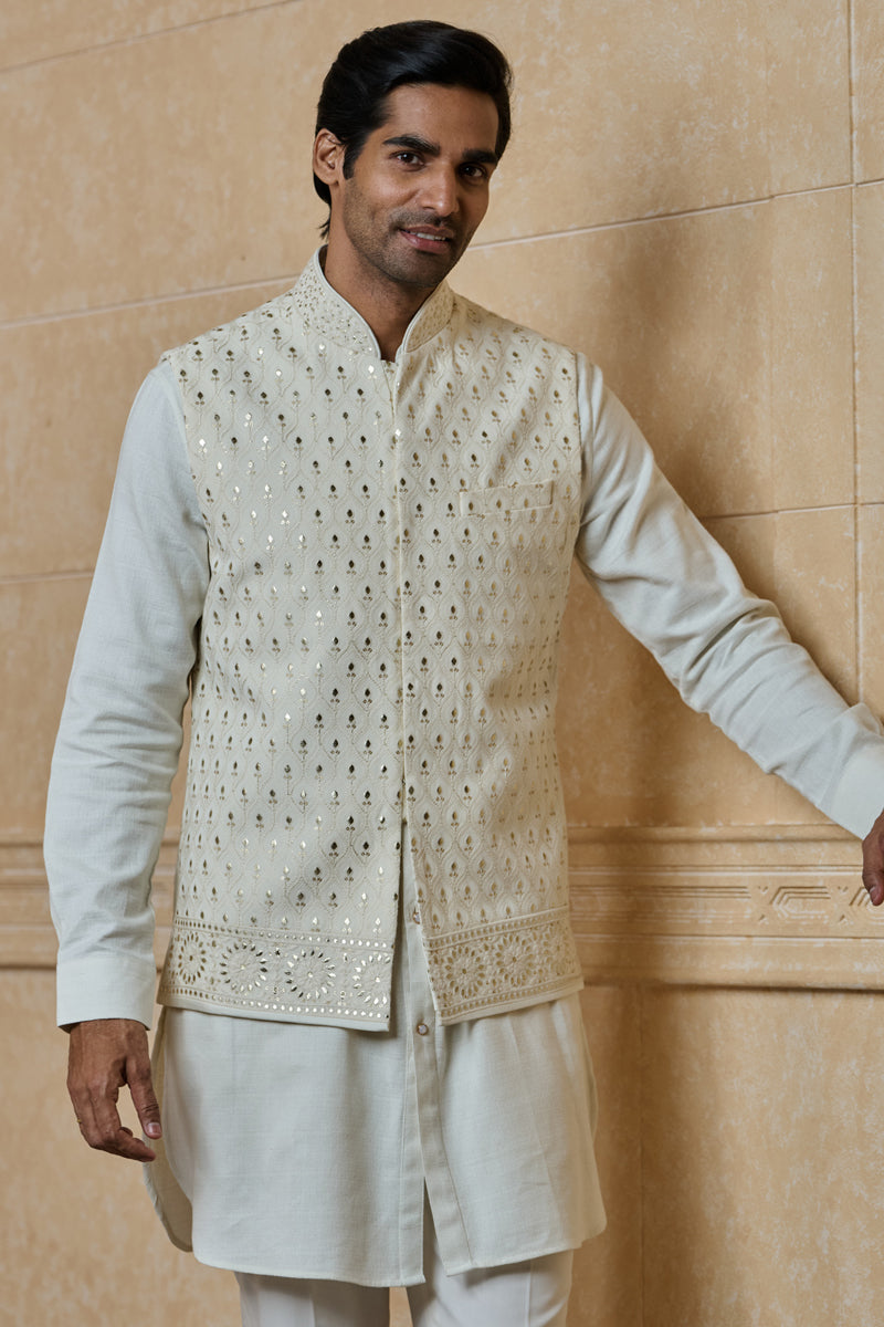 Ivory All Over Embroidered Kurta Bundi Set