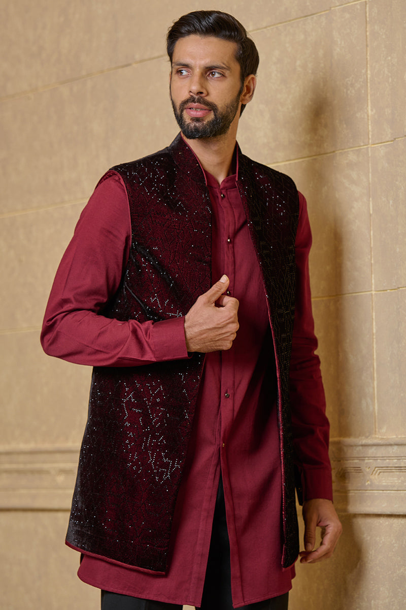 Wine Hotfix Embroidered Kurta Bundi Set