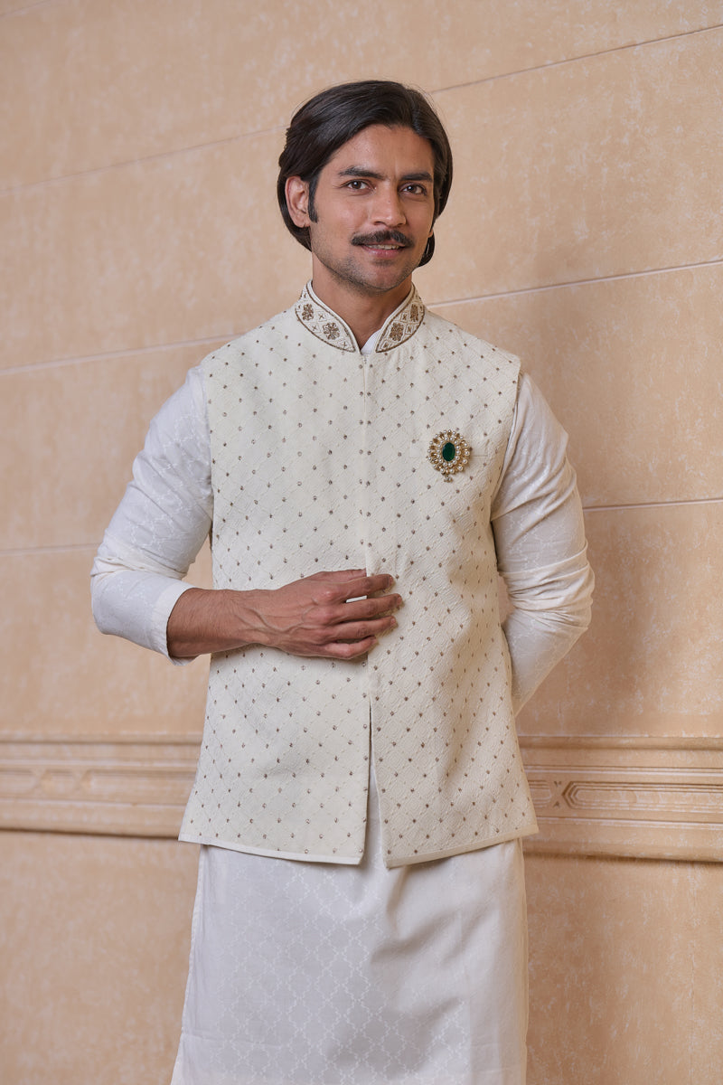 Ivory All Over Embroidered Kurta Bundi Set