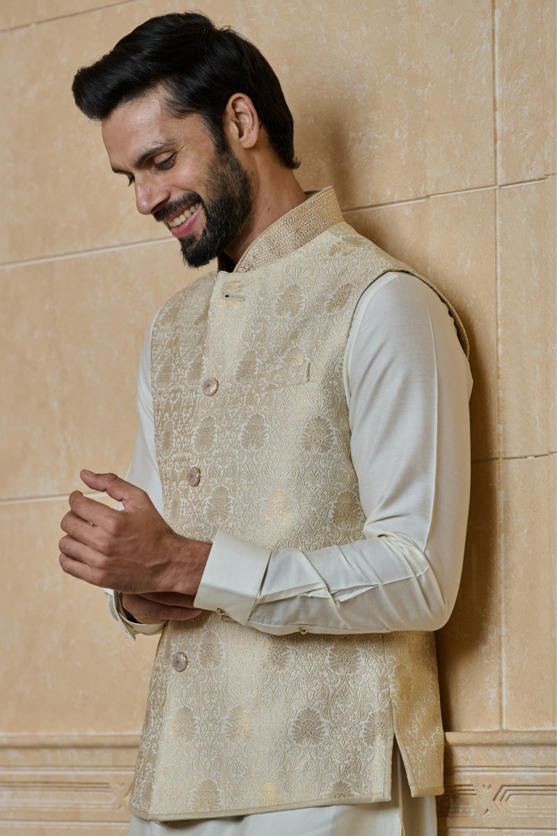 Gold Classic Brocade Kurta Bundi Set