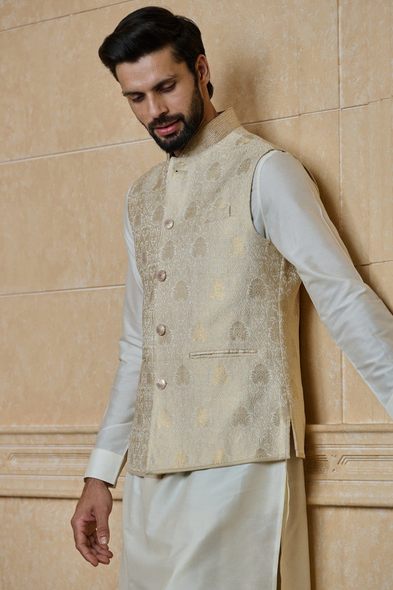 Gold Classic Brocade Kurta Bundi Set