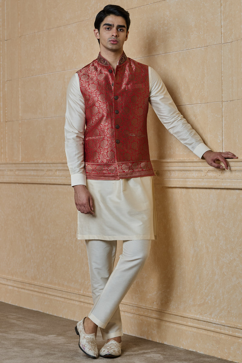 Red Silk Brocade Kurta Bundi Set