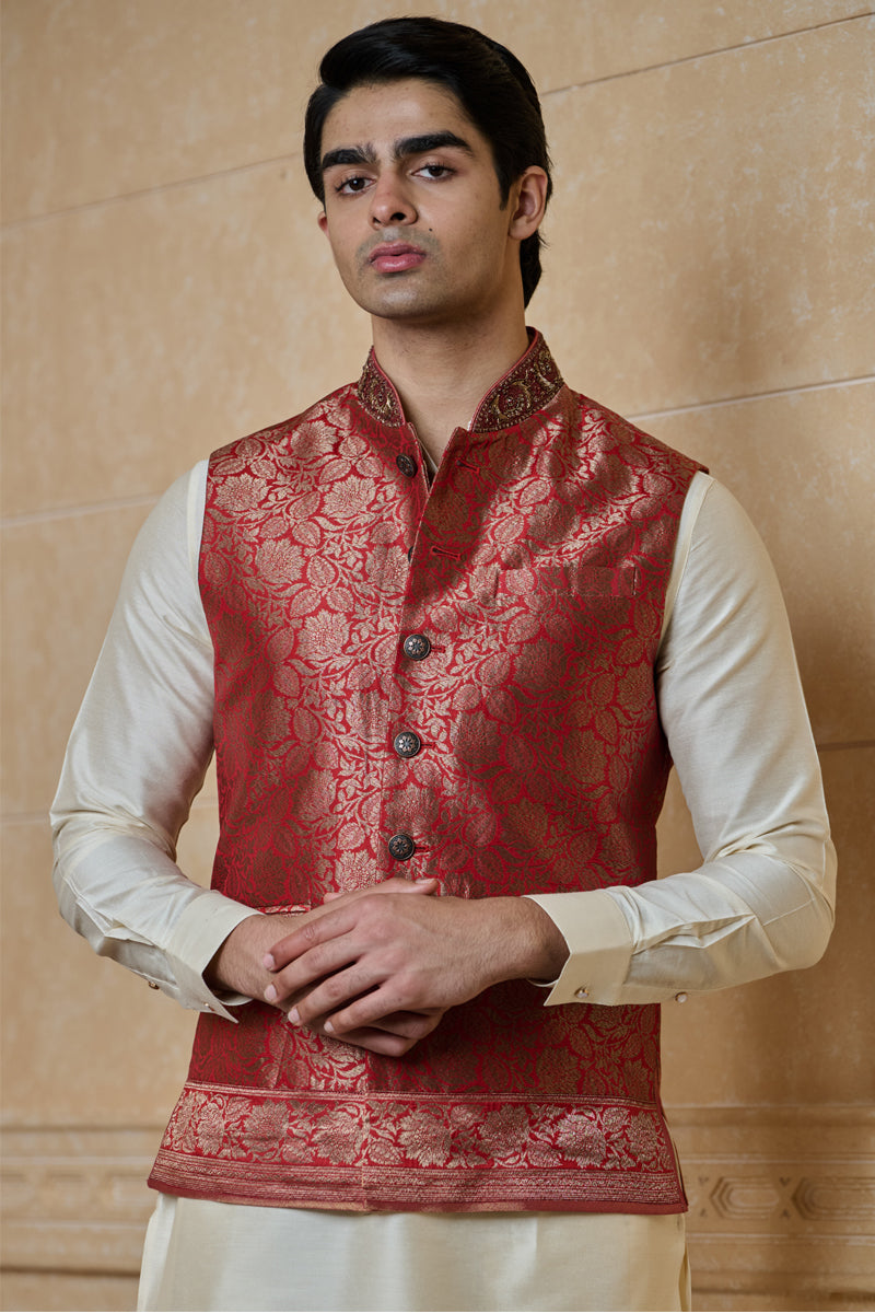 Red Silk Brocade Kurta Bundi Set