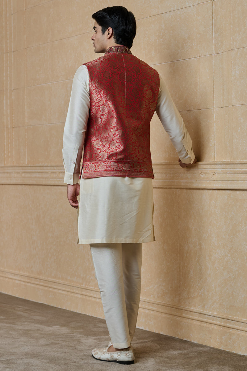 Red Silk Brocade Kurta Bundi Set