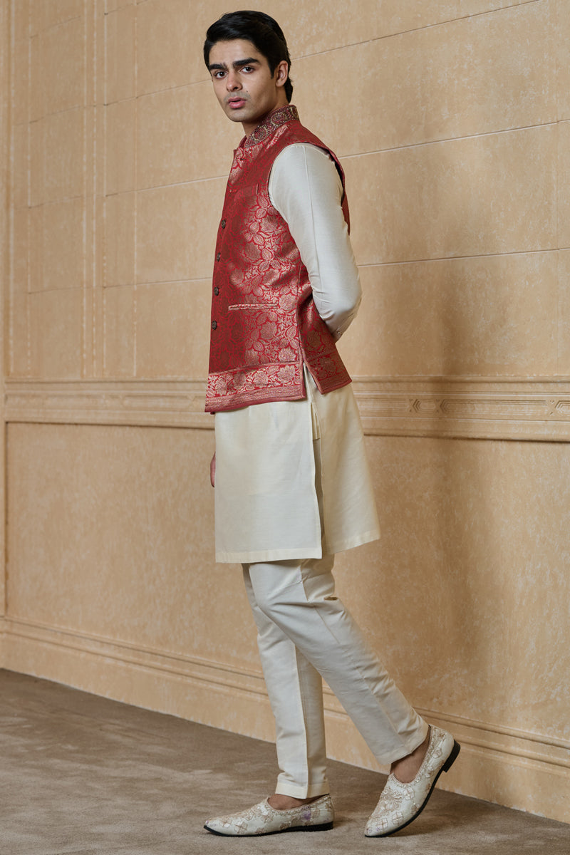 Red Silk Brocade Kurta Bundi Set