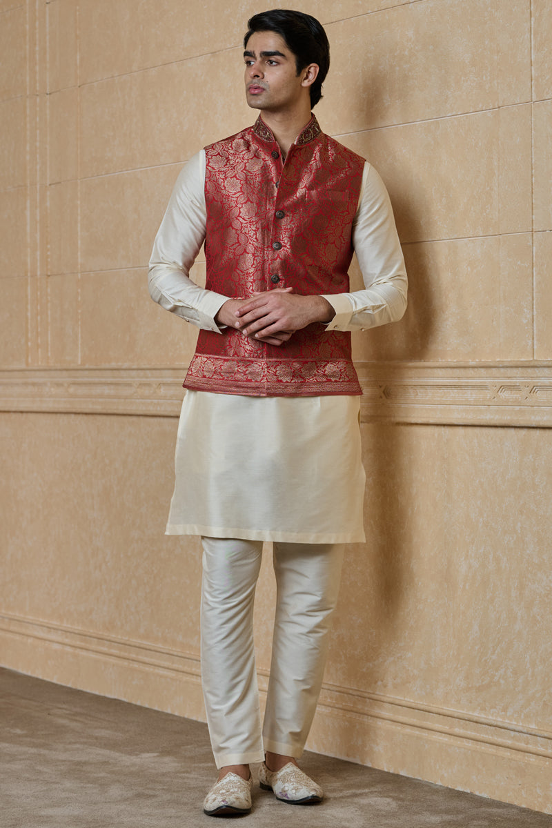 Red Silk Brocade Kurta Bundi Set