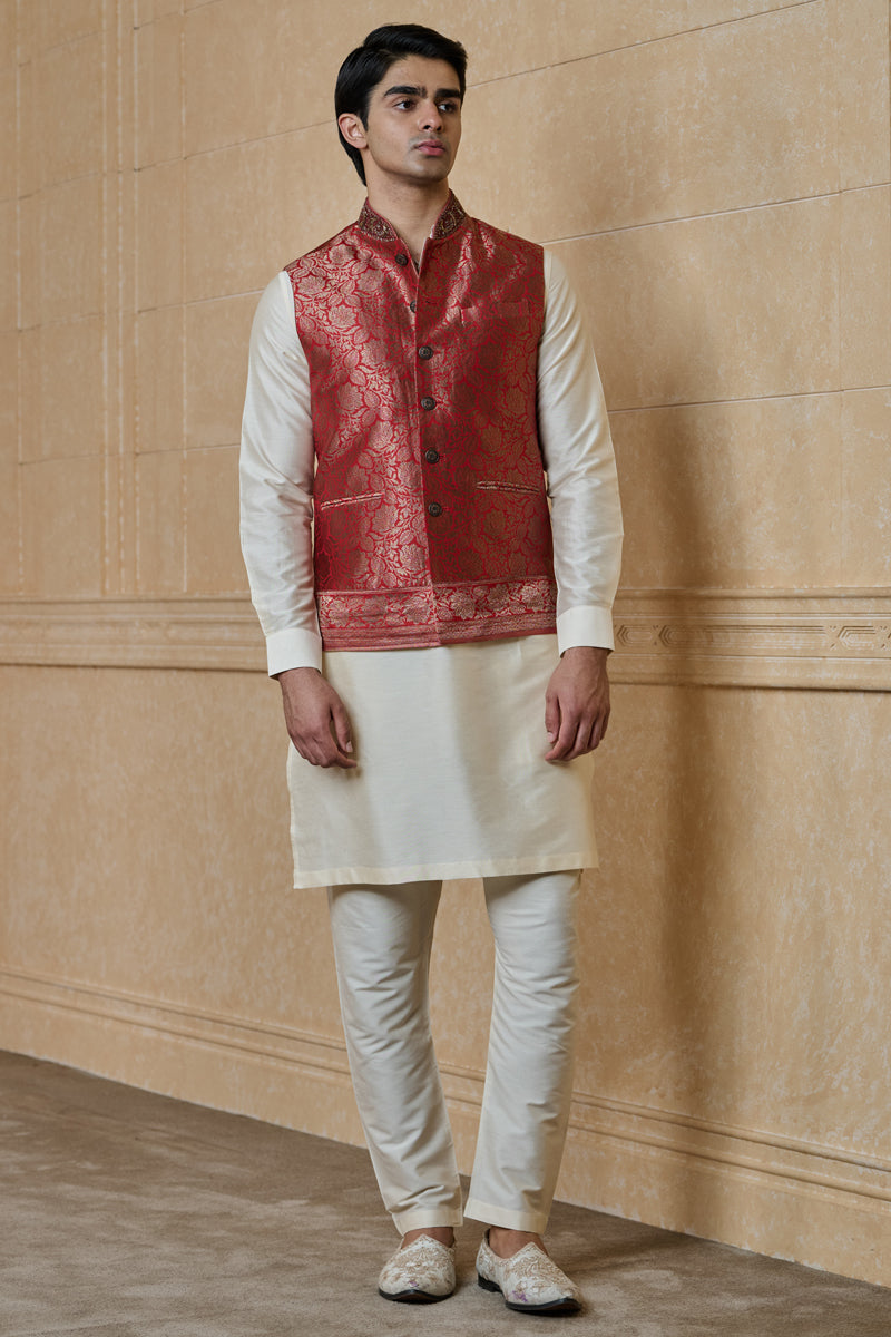 Red Silk Brocade Kurta Bundi Set