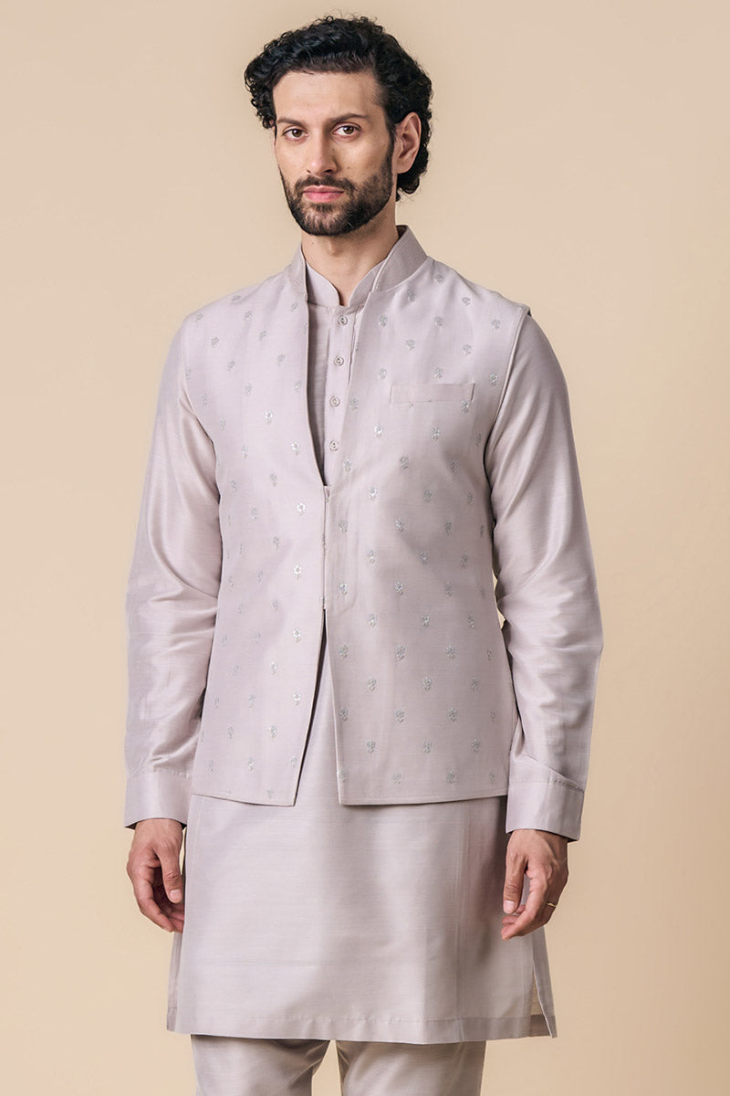 Silver All Over Embroidered Kurta Bundi Set