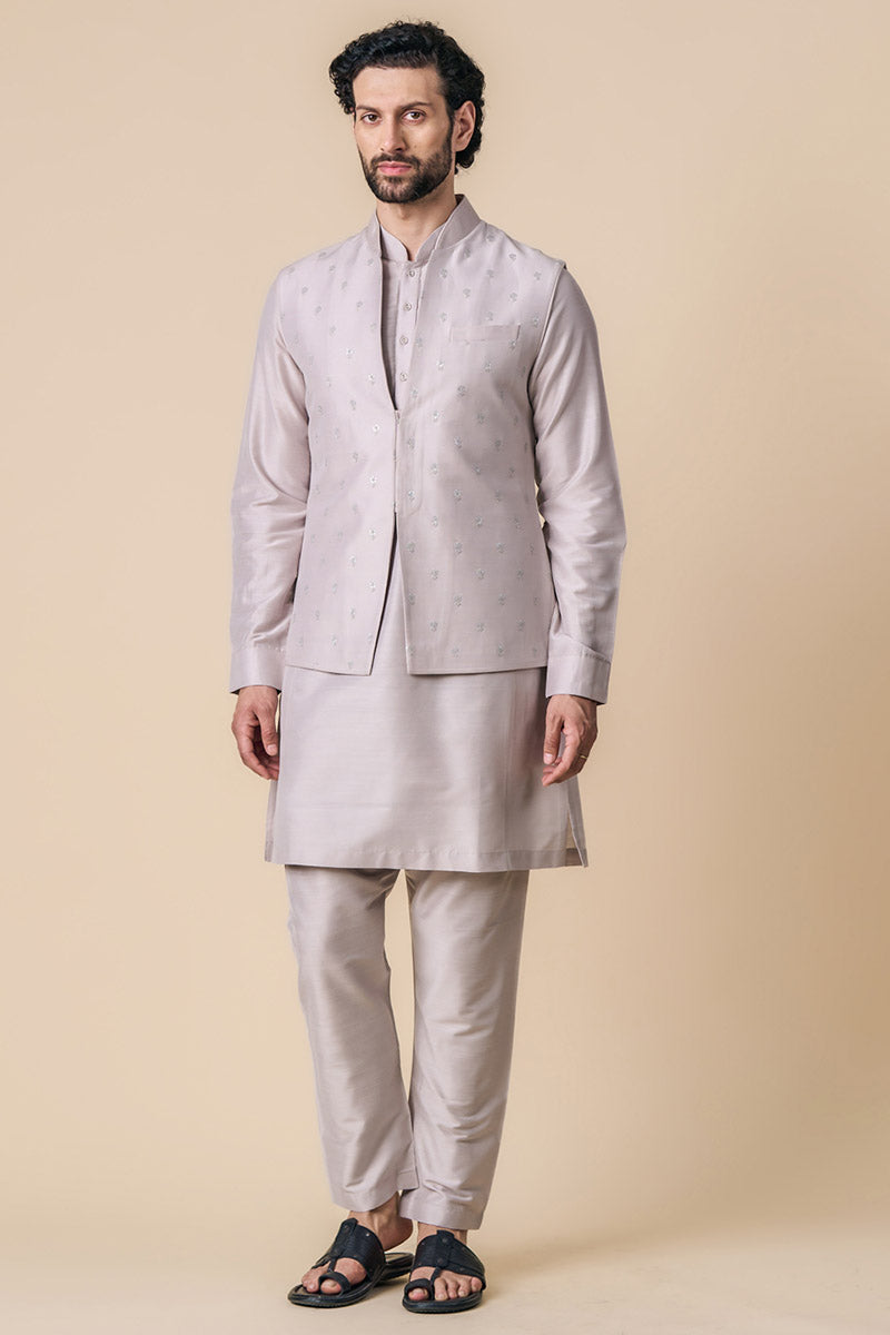 Silver All Over Embroidered Kurta Bundi Set