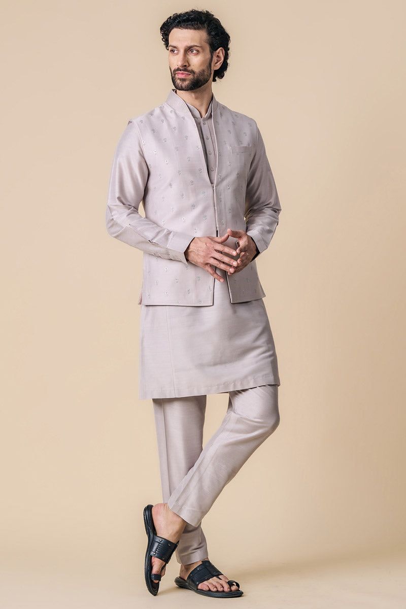 Silver All Over Embroidered Kurta Bundi Set