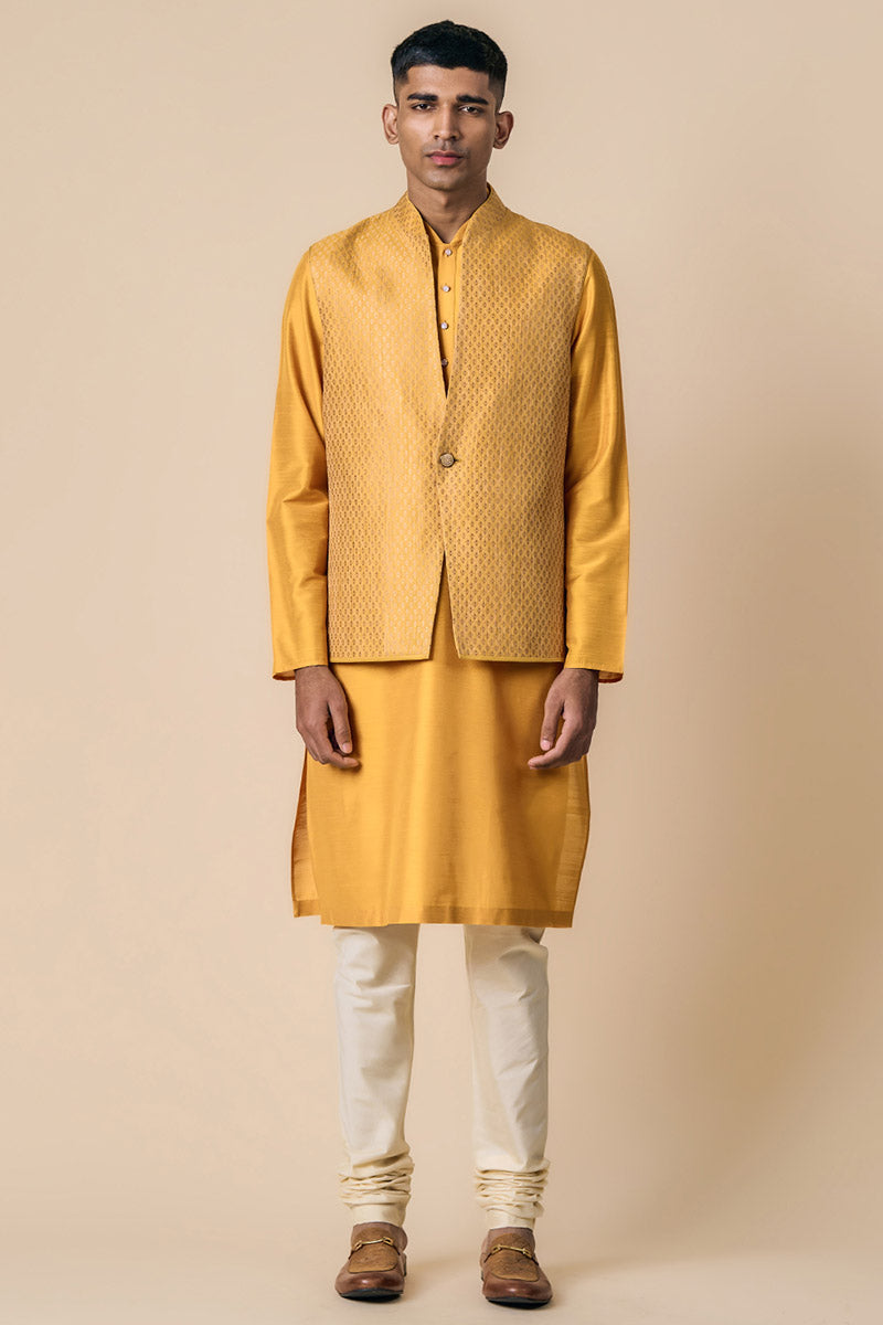 Yellow Ochre Brocade Kurta Bundi Set