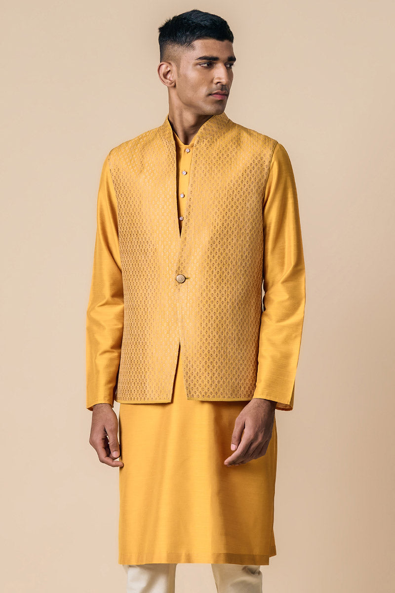 Yellow Ochre Brocade Kurta Bundi Set