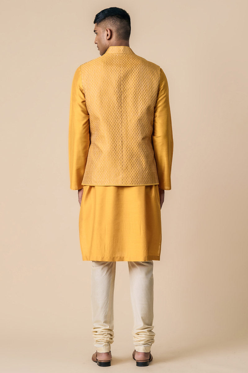 Yellow Ochre Brocade Kurta Bundi Set