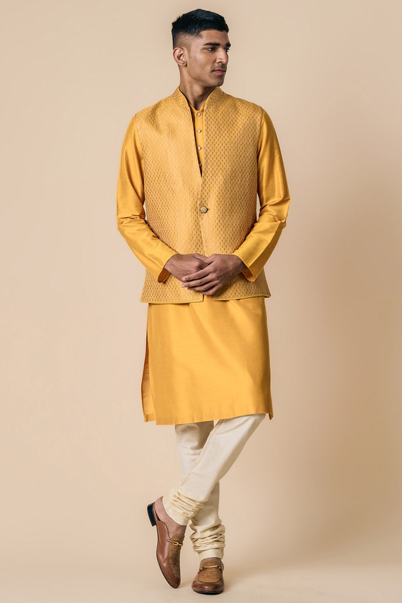 Yellow Ochre Brocade Kurta Bundi Set