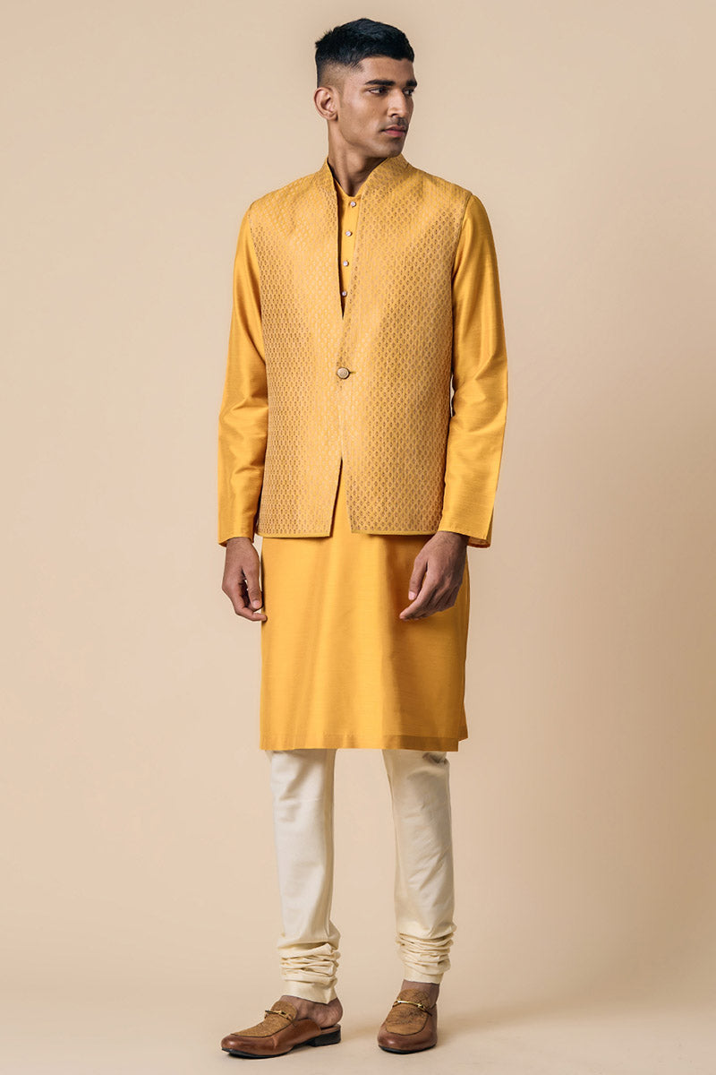 Yellow Ochre Brocade Kurta Bundi Set