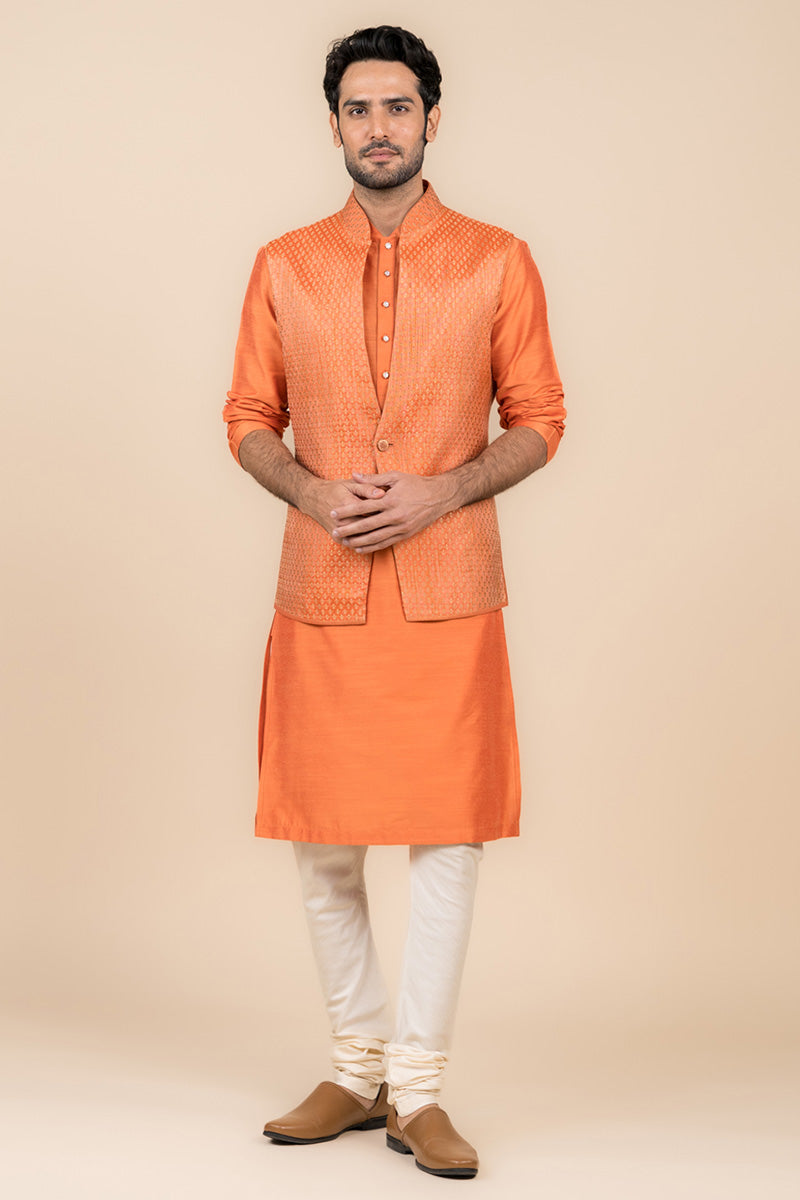 Orange Zari Brocade Kurta Bundi Set