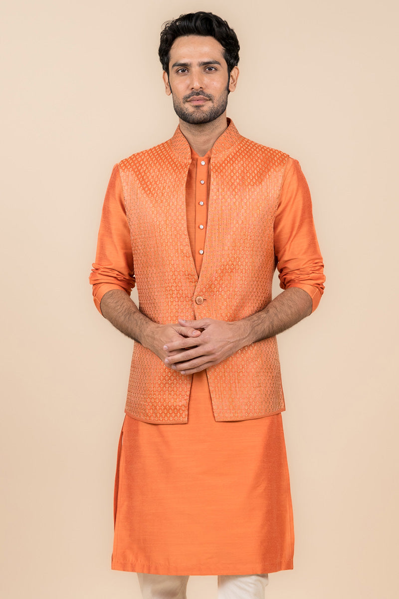 Orange Zari Brocade Kurta Bundi Set