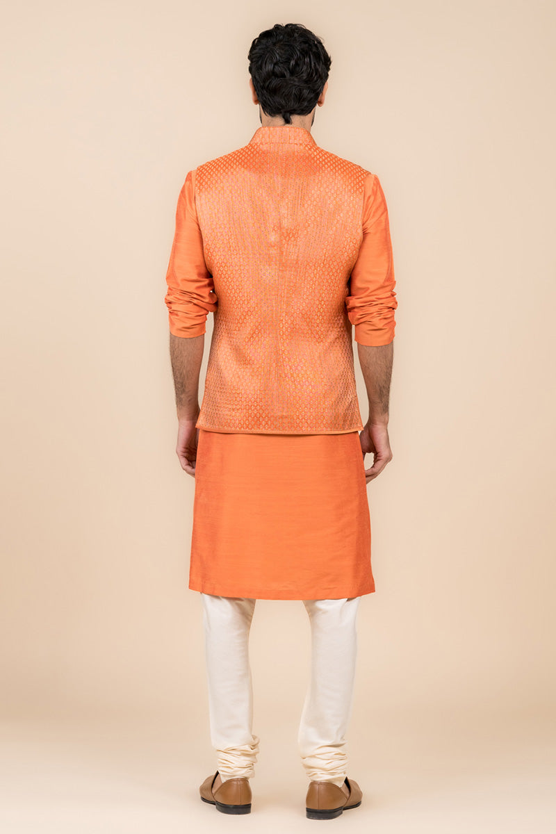 Orange Zari Brocade Kurta Bundi Set